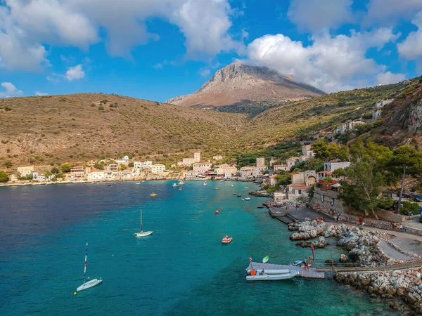 Vue Aérienne Imprenable Sur Pittoresque Village Limeni Dans Région Mani — Photo