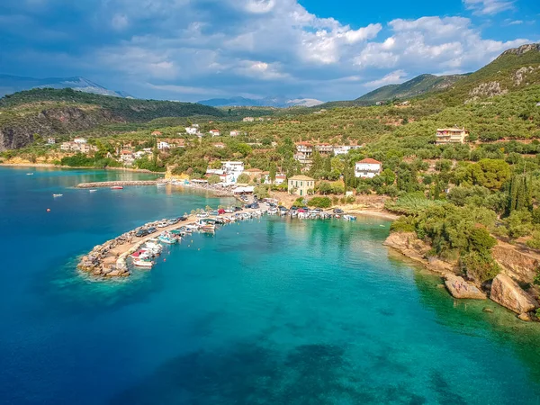 Aerial Panoramic View Beautiful Coastal Village Kitries Located Kardamili Half — Stock Photo, Image