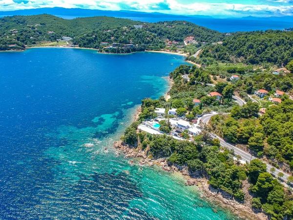 Letecký Pohled Jižní Ostrov Skiathos Řecko Moderními Hotely Luxusními Vilami — Stock fotografie