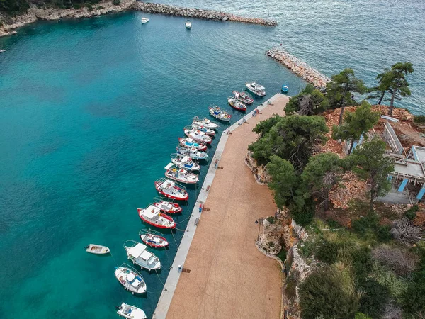 Aerial View Votsi Beach Paralia Votsi Picturesque Port Traditional Wooden — Stock Photo, Image