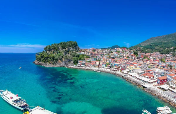 Vista Panorâmica Aérea Paisagem Urbana Sobre Cidade Costeira Parga Epiro — Fotografia de Stock