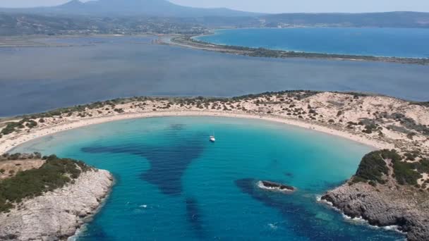 Vue Panoramique Aérienne Célèbre Plage Sable Semi Circulaire Lagune Voidokilia — Video