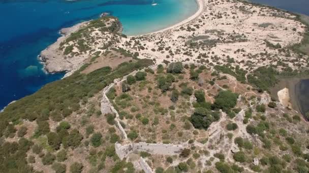 Aerial Panorama View Famous Semicircular Sandy Beach Lagoon Voidokilia Messenia — Stock Video