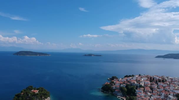 Panoramisch Uitzicht Vanuit Lucht Stad Chora Skiathos Sporaden Magnesia Griekenland — Stockvideo