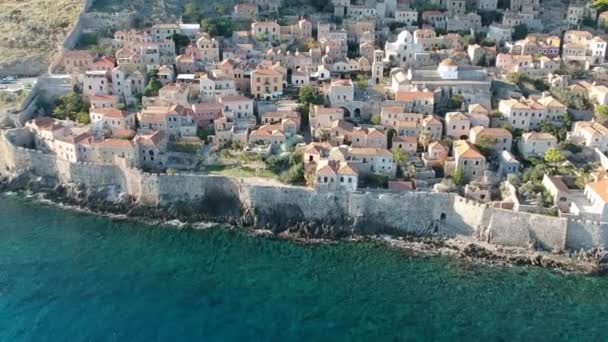 Vista Aérea Vieja Ciudad Medieval Del Castillo Monemvasia Lakonia Del — Vídeo de stock