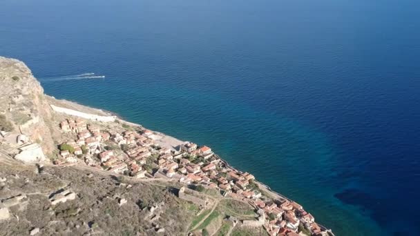 Widok Lotu Ptaka Stare Średniowieczne Miasteczko Zamkowe Monemvasia Lakonii Peloponezu — Wideo stockowe