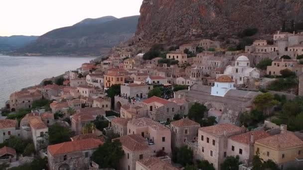 Aerial View Old Medieval Castle Town Monemvasia Lakonia Peloponnese Greece — Stock Video