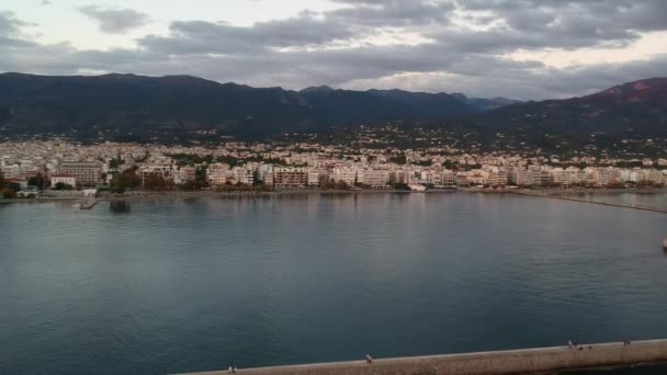 Zeezicht Kalamata Stad Messinia Griekenland Bij Zonsondergang — Stockvideo