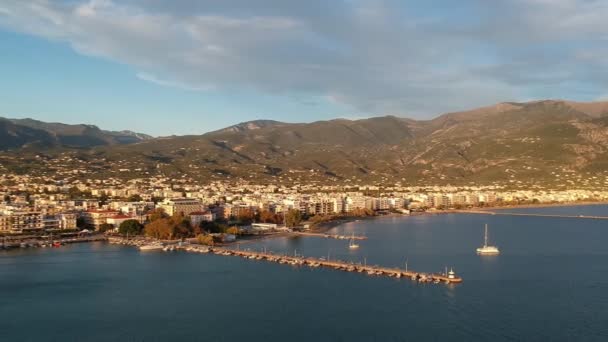 Zeezicht Kalamata Stad Messinia Griekenland Bij Zonsondergang — Stockvideo