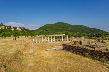 Messini, Yunanistan - 20 Haziran 2021: Antik Messene arkeoloji sahasındaki kalıntılar, Moreloponnese, Yunanistan. Yunanistan 'ın en iyi korunmuş antik kentlerinden biri. Tarihi M.Ö. 4. yüzyıla dayanıyor..