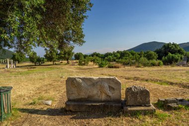Messini, Yunanistan - 20 Haziran 2021: Antik Messene arkeoloji sahasındaki kalıntılar, Moreloponnese, Yunanistan. Yunanistan 'ın en iyi korunmuş antik kentlerinden biri. Tarihi M.Ö. 4. yüzyıla dayanıyor..