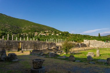 Messini, Yunanistan - 20 Haziran 2021: Antik Messene arkeoloji sahasındaki kalıntılar, Moreloponnese, Yunanistan. Yunanistan 'ın en iyi korunmuş antik kentlerinden biri. Tarihi M.Ö. 4. yüzyıla dayanıyor..