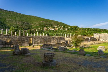 Messini, Yunanistan - 20 Haziran 2021: Antik Messene arkeoloji sahasındaki kalıntılar, Moreloponnese, Yunanistan. Yunanistan 'ın en iyi korunmuş antik kentlerinden biri. Tarihi M.Ö. 4. yüzyıla dayanıyor..