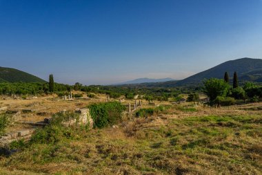 Messini, Yunanistan - 20 Haziran 2021: Antik Messene arkeoloji sahasındaki kalıntılar, Moreloponnese, Yunanistan. Yunanistan 'ın en iyi korunmuş antik kentlerinden biri. Tarihi M.Ö. 4. yüzyıla dayanıyor..