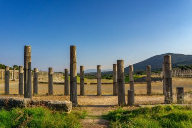 Messini, Yunanistan - 20 Haziran 2021: Antik Messene arkeoloji sahasındaki kalıntılar, Moreloponnese, Yunanistan. Yunanistan 'ın en iyi korunmuş antik kentlerinden biri. Tarihi M.Ö. 4. yüzyıla dayanıyor..