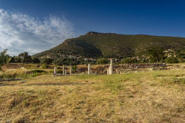 Messini, Yunanistan - 20 Haziran 2021: Antik Messene arkeoloji sahasındaki kalıntılar, Moreloponnese, Yunanistan. Yunanistan 'ın en iyi korunmuş antik kentlerinden biri. Tarihi M.Ö. 4. yüzyıla dayanıyor..