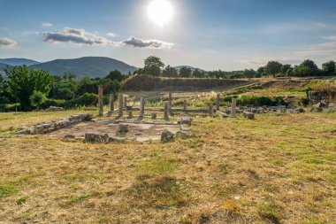 Messini, Yunanistan - 20 Haziran 2021: Antik Messene arkeoloji sahasındaki kalıntılar, Moreloponnese, Yunanistan. Yunanistan 'ın en iyi korunmuş antik kentlerinden biri. Tarihi M.Ö. 4. yüzyıla dayanıyor..
