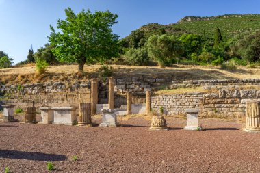 Messini, Yunanistan - 20 Haziran 2021: Antik Messene arkeoloji sahasındaki kalıntılar, Moreloponnese, Yunanistan. Yunanistan 'ın en iyi korunmuş antik kentlerinden biri. Tarihi M.Ö. 4. yüzyıla dayanıyor..