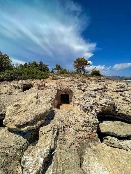 Seaside view by the Prehistoric Cemetery of oldest submerged lost city of Pavlopetri in Laconia, Greece. About 5,000 years old. It is the oldest city in the Mediterranean sea.