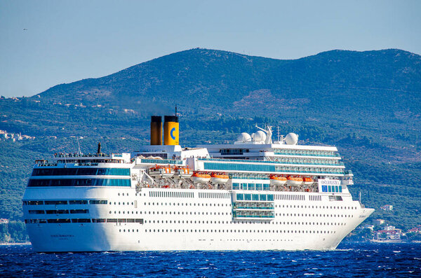 Costa neoRomantica Cruise ship leaving the port of Kalamata city, Messenia, Greece.