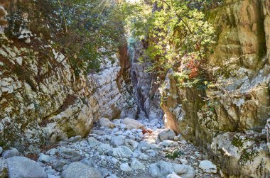 Taygetus Dağı 'ndaki ünlü Ridomo vadisinden doğal manzara. Vadi, Messenia, Yunanistan 'daki Mani bölgesinde Kentro Avia ve Pigadia Köyleri yakınlarındaki jeomorfolojik oluşum elementleri açısından zengin ve derindir.