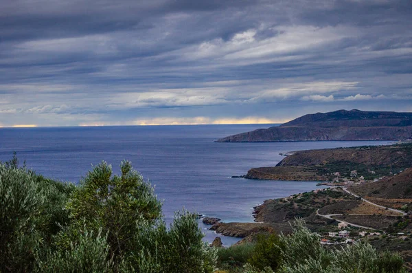 Nádherný Výhled Moře Slavné Vesnice Vathia Směrem Ionskému Moři Poloostrově — Stock fotografie