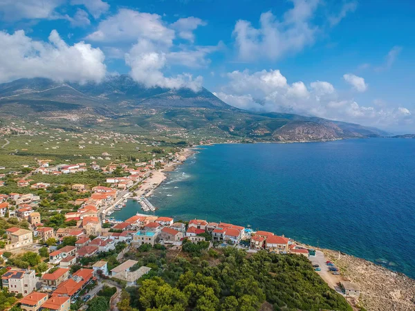 Повітряний Панорамний Вид Мальовничого Прибережного Села Agios Nikolaos Mani Messinia — стокове фото