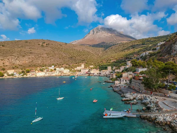 Vue Aérienne Imprenable Sur Pittoresque Village Limeni Bord Mer Dans — Photo