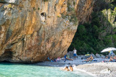 Foneas plajının panoramik manzarası turist ve yüzücülerle doludur. Kayalık plaj Yunanistan 'ın Messenia kentindeki Kardamyli köyü yakınlarındaki Mani kıyı bölgesinde yer almaktadır.