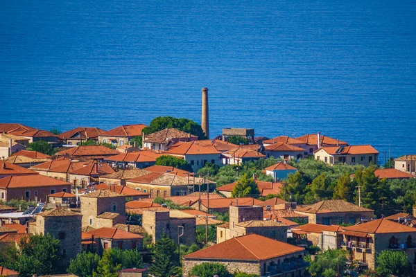 Vista Aérea Maravilhosa Aldeia Costeira Kardamyli Grécia Localizada Área Messenian — Fotografia de Stock