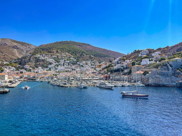 Vue Depuis Port Pittoresque Île Hydra Port Port Comme Appelle — Photo