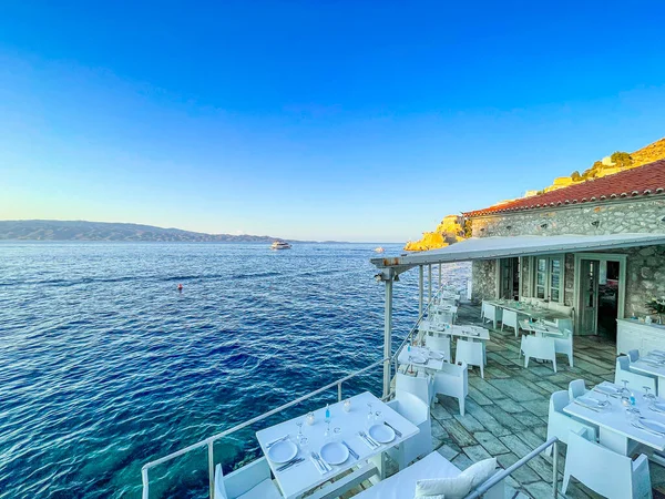 Beautiful Outdoor Restaurant Cafe Gorgeous View Argosaronic Gulf Picuresque Greek — Stock Photo, Image
