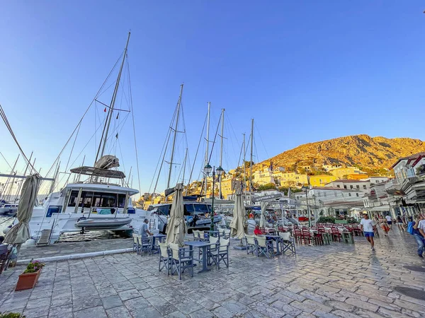 Vista Desde Pintoresco Puerto Isla Hydra Puerto Puerto Como También — Foto de Stock