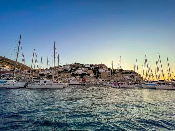 Vista Desde Pintoresco Puerto Isla Hydra Puerto Puerto Como También — Foto de Stock