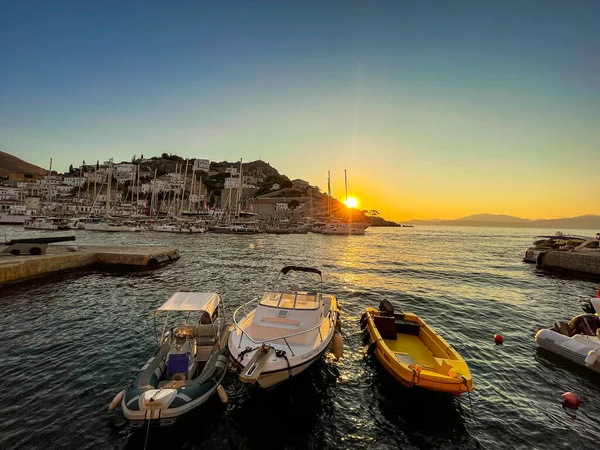Belas Cores Pôr Sol Pitoresca Ilha Hydra Grécia Vista Cidade — Fotografia de Stock