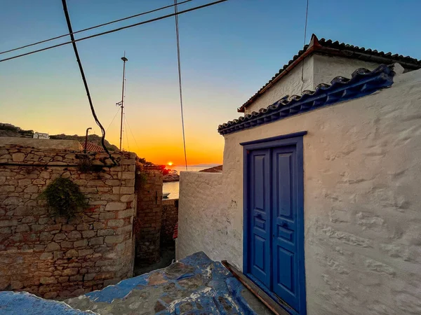 Hermosos Colores Atardecer Pintoresca Isla Hydra Grecia Vista Desde Ciudad — Foto de Stock