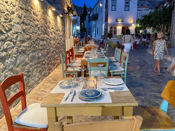 Pedestrian Streets Hydra Island Night View Center Hydra Tourists Walk — Stock Photo, Image