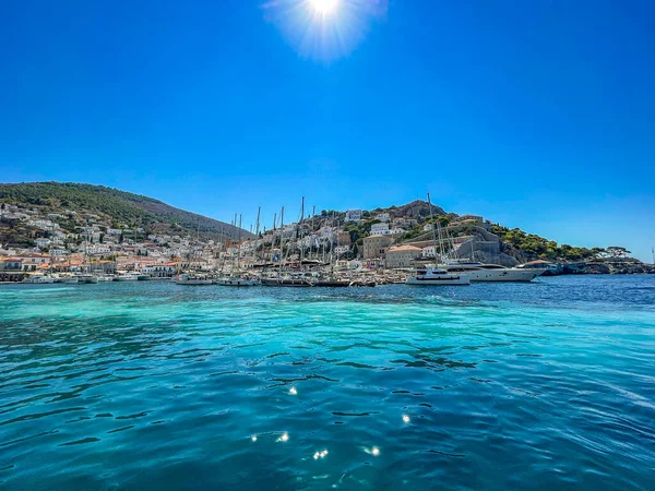 Vue Depuis Port Pittoresque Île Hydra Port Port Comme Appelle — Photo