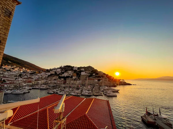 Belles Couleurs Coucher Soleil Île Pittoresque Hydra Grèce Vue Ville — Photo