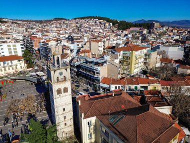 KOZANI, GREECE - DECEMBER 28 2025: Aerial panoramc view over Kozani city center during Christmas period in Greece.