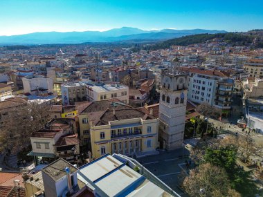 KOZANI, GREECE - DECEMBER 28 2025: Aerial panoramc view over Kozani city center during Christmas period in Greece.