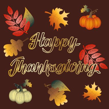 Şükran Günü düz sanat, el yazısı, balkabağı ve sonbahar yaprakları. Sonbahar sezonu selamları. Şükran Günü Kartı.
