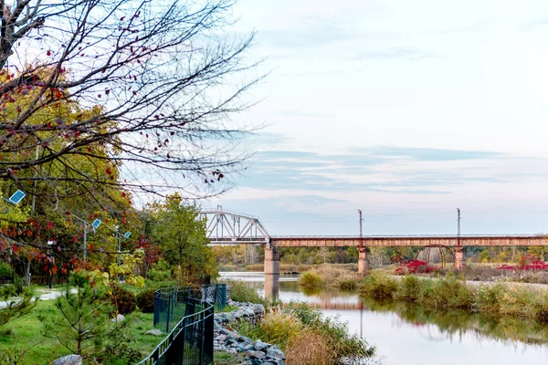 Metal Railway Bridge Connecting Two River Banks Middle Forest Autumn — Stock Photo, Image