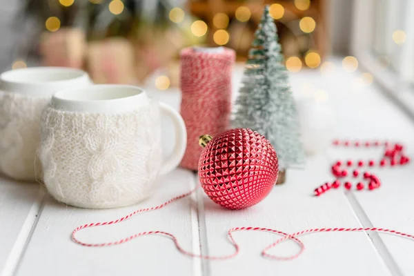 Beautiful Multi Colored Christmas Decorations Light Wooden Table Garlands Christmas — Stock Photo, Image