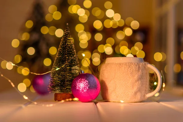 Beautiful Multi Colored Christmas Decorations Wooden Table Garlands Christmas Trees — Stock Photo, Image