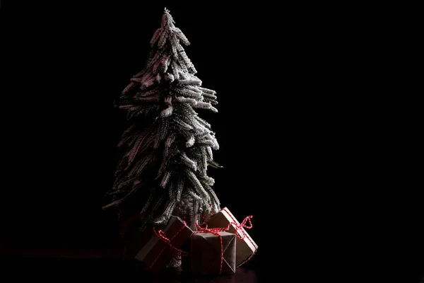 Festive Christmas Tree Other Items Christmas Table Black Background Preparations — Stock Photo, Image