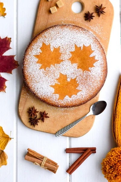 Beautiful Fresh Sweet Pumpkin Cake Maple Leaf Pattern White Wooden — Stock Photo, Image