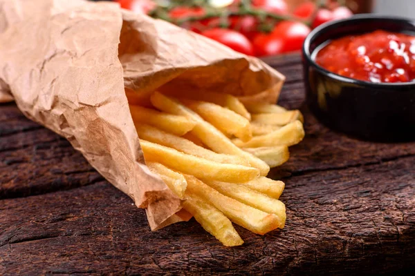 Fresh Tasty French Fries Red Sauce Wooden Cutting Board Unhealthy — Stock Photo, Image