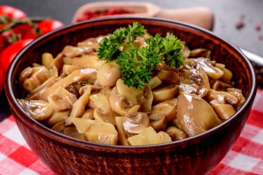 Taze lezzetli baharatlı mantarlar, baharatlar ve çimento kaplı seramik kaplarda otlar.