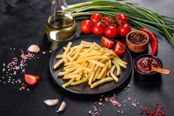 Fresh Hot French Fries Salt Vegetables Spices Dark Concrete Background — Stock Photo, Image